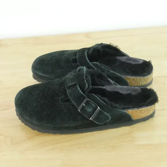 Birkenstock Boston Shearling 38 7 7.5 Black Suede Clogs Slip On Mules Cozy Shoes - Picture 5 of 10